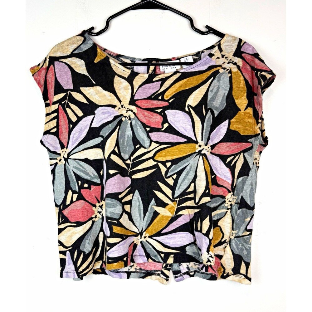 Nicole Miller New York 100% Linen Blouse Floral Black Boxy Artsy Relaxed Sz MED
